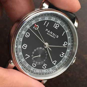 Parnis 42mm srebro primeru, črna številčnica GMT arabski označi datum okno usnjeni trak mens vrh prosti čas automatic mehanski človek gledal