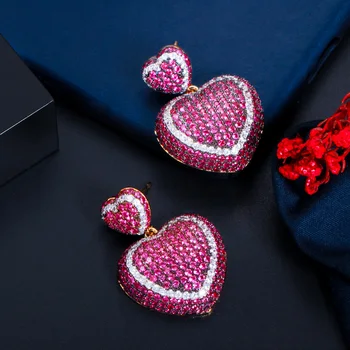 Pera Romantično Hot Pink Kubičnih Cirkonij Visijo Velika Ljubezen Srce Spusti Oblike Uhani za Ljubimec Obletnico Poroke Nakit Darilo E658