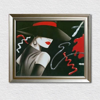 Platno Slike kul sodobna moda seksi in elegantna dama natisne umetnosti dama z vroče rdeče ustnice v veliki klobuk brezplačna dostava