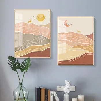 Platno Umetniško Slikarstvo Tiskanja Nordijska Minimalističen Povzetek Stenskih Slikah, Dnevna Soba Dekor Sun Moon Elk Alpska Pokrajina Plakat