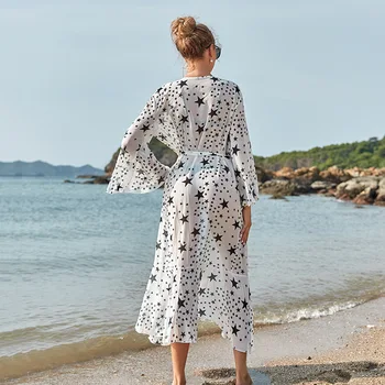 Plaža obleke 2021 Poletje Dolg Rokav Tiskanja Seksi Svoboden Šifon Počitnice Bohemian Kimonos Plažo Kritje Ups Za Ženske Kopalke