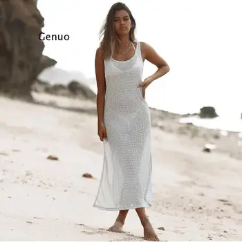 Pletene Bikini Pokrov-Ups Dolga Plaža Obleko Ženske 2021 Poletje Moda Bele Kopalke prikriti Plus Velikost Split Tunics za Ženske Xl