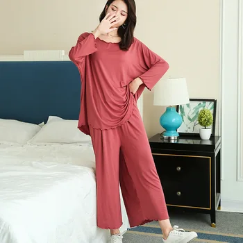 PLUS velikost domov obleke, ženske jeseni novo ohlapno dolgo sleeved pižamo dva-delni set devet-točka širok noge hlače pijama sleepwear femme