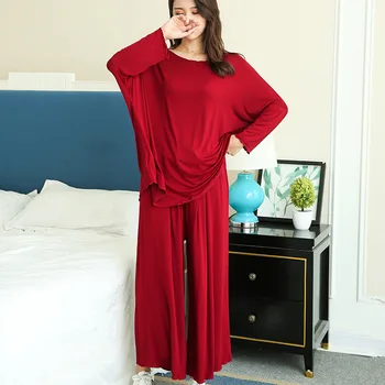 PLUS velikost domov obleke, ženske jeseni novo ohlapno dolgo sleeved pižamo dva-delni set devet-točka širok noge hlače pijama sleepwear femme
