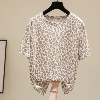 Plus velikost Poletje Leopard Majica s kratkimi rokavi Ženske korejske Modne Bele Majice Kratek Rokav Živali Tee Shirt Femme 2021 Vrhovi