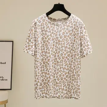 Plus velikost Poletje Leopard Majica s kratkimi rokavi Ženske korejske Modne Bele Majice Kratek Rokav Živali Tee Shirt Femme 2021 Vrhovi