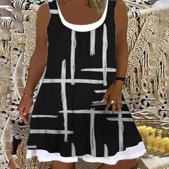 Plus Velikost Ženske Obleko Modne Digitalno Natisnjena Priložnostne Mini Poletje Obleko Brez Rokavov Gumb Letnik Preprost Stil Vestidos De Muje