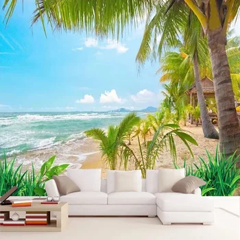 Po meri Samolepilne Tapete 3D Stereo Kokosovo palmo Plaži Freske Dnevna Soba Jedilnica v Ozadju Stene Dekor 3D Nalepke