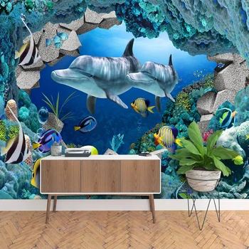Po meri Zidana 3D Seascape Podvodni Svet Delfinov, Risanka Sliko Fotografija Ozadje Za Otroke, Soba, Spalnica, Dnevna Soba, TV Ozadje