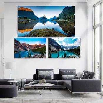 Pokrajina olje slikarstvo gorski gozd modri jezerski vodi umetniško platno slikarstvo, dnevna soba, hodnik, office home stensko dekoracijo