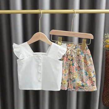 Poletje Dekliška Oblačila, Ki Bele Srajce Cvetlični Hlače Dva Kosa Otrok Obleke 2021 Nov Modni Baby Toddler Otroci Kopalke 2-6 Leto