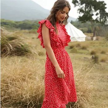 Poletje Dot Tiskanja Ženske Obleke 2021 Priložnostne O Vratu Metulj Rokav Ruffles Midi Šifon Obleko Letnik Ženski Rdeče Obleke Vestidos