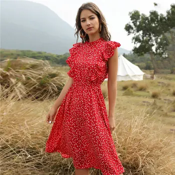 Poletje Dot Tiskanja Ženske Obleke 2021 Priložnostne O Vratu Metulj Rokav Ruffles Midi Šifon Obleko Letnik Ženski Rdeče Obleke Vestidos