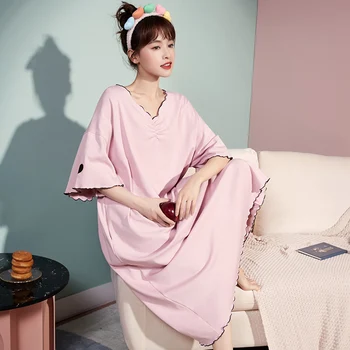 Poletje korejski Roza Žensk Nightgown Proti-Vrat Seksi Noč Srajce Bombaž Sleepwear Plus Velikost zdravstvene Nege Nosečnice Nightgown Obleko Noč