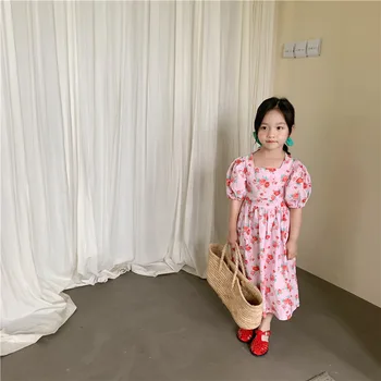 Poletje Nova Dekliška Oblačila Otrok Korejski Odpri Nazaj Puff Rokav Cvet Obleka