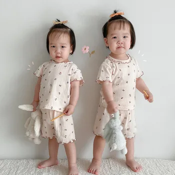 Poletje Nova Oblačila, ki Baby Toddler Fant Dekle Cvetlični Tiskane Bombažne Čipke Ovratnik Vrhovi + Otrok Bombaž Mehke Hlače 2pcs