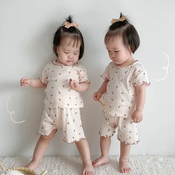 Poletje Nova Oblačila, ki Baby Toddler Fant Dekle Cvetlični Tiskane Bombažne Čipke Ovratnik Vrhovi + Otrok Bombaž Mehke Hlače 2pcs