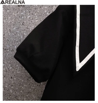 Poletje obleko 2021 korejski moda mornar ovratnik črno obleko kratek rokav Enotni-zapenjanje letnik urad dama plus velikost obleke