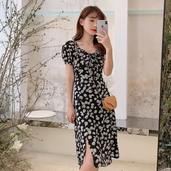 Poletje Žensk 2021 Novo Plus Velikost Gothic Plaži Midi Obleka Ženske korejskem Slogu Daisy Cvet Šifon Cvjetnim Tiskanja Priložnostne Obleke