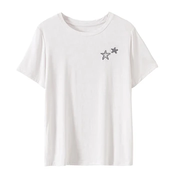 Poletje Žensk O-vratu Modal T-shirt Nov Ženski Kratek Rokav Embroideried Zvezde Tshirts Vrhovi Resnično Fotografije NR7095