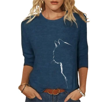 Poletje ženska Majica s kratkimi rokavi Smešno Luštna 3D Mačka Vzorec Moda Priložnostne Krog Vratu Dolg Rokav Vrhovi