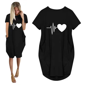 Poletje Ženske Obleke Srce Bije Ljubezen, Tiskanje Plus Velikost Midi Obleko Priložnostne O Vratu Kratek Rokav Z Žep Svoboden Moda Obleke Femme
