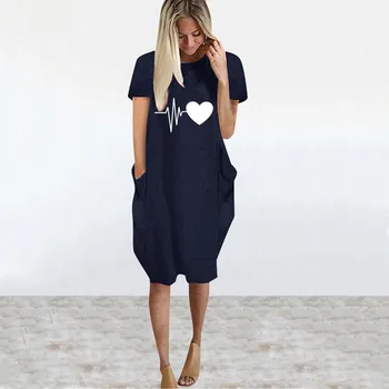 Poletje Ženske Obleke Srce Bije Ljubezen, Tiskanje Plus Velikost Midi Obleko Priložnostne O Vratu Kratek Rokav Z Žep Svoboden Moda Obleke Femme