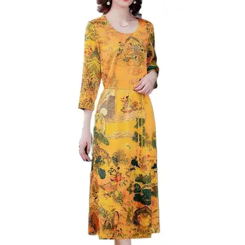 Pomlad Jesen Letnik Mulberry Svile Obleko 2021 Kitajski Slog Plemenito Tiskanja M-3XL Plus Velikost Maxi Obleka Ženske Elegantne Vestidos