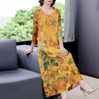 Pomlad Jesen Letnik Mulberry Svile Obleko 2021 Kitajski Slog Plemenito Tiskanja M-3XL Plus Velikost Maxi Obleka Ženske Elegantne Vestidos