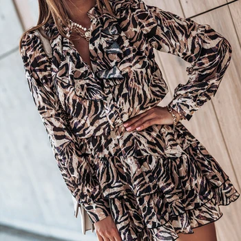Pomlad Kaskadne Ruffles Leopard Tiskanja Obleka Ženske 2021 Dolge Rokave V Vratu Črto Obleko Lady Elegantna Mini Print Stranka Vestidos
