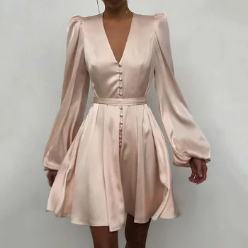 Pomlad Moda 2021Women Saten Trdna Dolg Rokav Obleka Gumb-Line Mini Obleka Priložnostne Svoboden Proti-Vrat Stranka Obleko Vestido