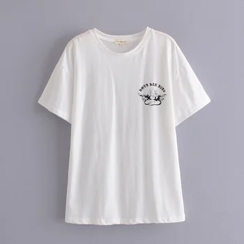 Pomlad poletje dekleta ohlapno belo bombažno majico, risanka pismo tiskanje priložnostne O-vratu preprost tees