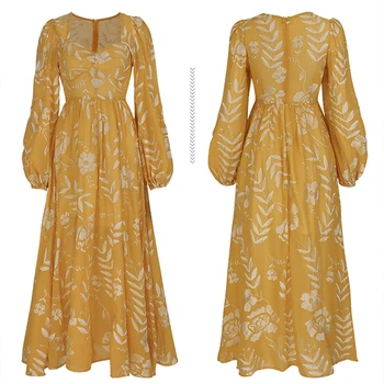 Pomlad poletje rumena midi obleka ženske z vezenje bombaž letnik dolgo elegantno obleko