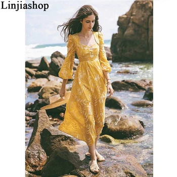 Pomlad poletje rumena midi obleka ženske z vezenje bombaž letnik dolgo elegantno obleko