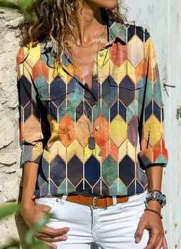 Pomlad Poletje Žensk Natisnjeni Žep Dolgo sleeved Bluze Shirt Dame Moda Priložnostne Vrhovi Plus Velikost Ohlapne Majice Ženske Oblačila