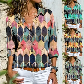 Pomlad Poletje Žensk Natisnjeni Žep Dolgo sleeved Bluze Shirt Dame Moda Priložnostne Vrhovi Plus Velikost Ohlapne Majice Ženske Oblačila