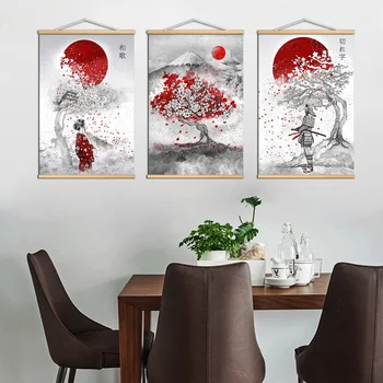 Poster Tiskanje Vroče Japonski Zen Črnilo Samurai Kanji Platno Umetnosti Olje Stenske Slike Za Dnevne Sobe, Leseno Poiščite Visi Slikarstvo