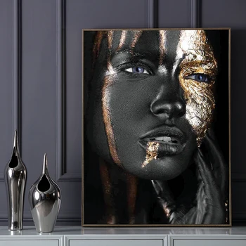 Povzetek Wall Art Poslikave Afriška Ženska z Zlato Masko Platno Plakatov in Fotografij za dnevno Sobo, Hodnik, Spalnica Dekoracijo