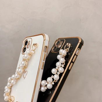 Pravim Kotom Primeru Telefon Za iPhone Mini 12 11 Pro X XR XS Max 7 8 Plus SE 2 Luksuzni Pearl Zapestnica Electroplated Ljubezen Srce Primeru