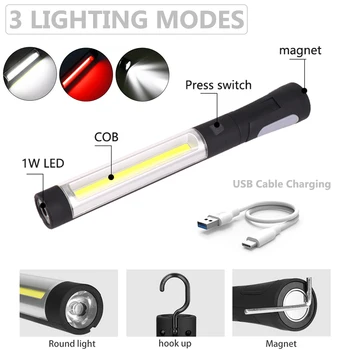 Prenosna delovna svetilka COB LED Svetilka Magnetni Baklo USB Polnilne 360 Vrtenje Delo Lučka Prilagodljiv Pregled Lamp, S Kljuko