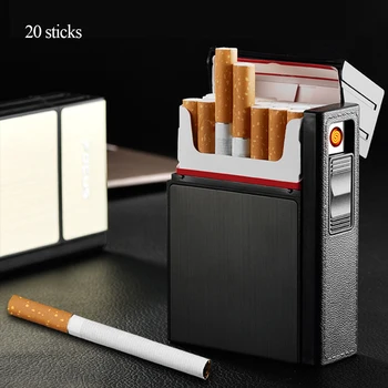 Prenosne Kovinske Cigaret Primeru Lažji 20pcs Cigarete Imetnik Polje Zlitine Samodejno Windproof Vžigalniki, USB Polnjenje Pripomoček Za Moške