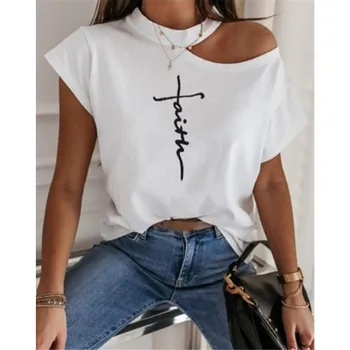 Preprost Mestni Priložnostne Svoboden T-Shirt Off-The-Ramo Pismo Tiskanje Modni Vse-Tekmo Plus Velikost Vrh 2021 Poletje ženska Oblačila