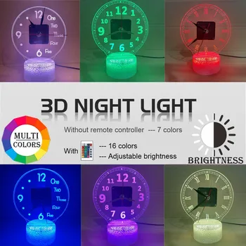 Prilagajanje LED Budilka 3D Lučka Ure za Spalnico Nočna Desk Tabela Ura Doma Dekor 7 Barve Dotik Vklop Nočnega Svetlobe