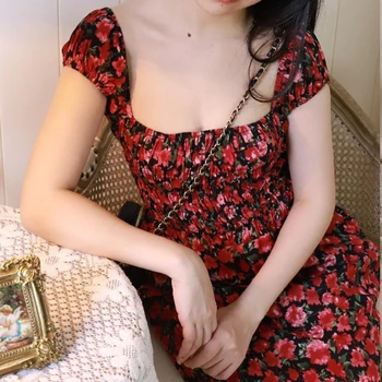 Puff Rokav Cvetlični Obleka Ženske Modni Sladko Stretch Obleke Ženska Pasu Hujšanje Naguban Mini Obleke, Ženske Poletje 2021