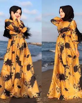 Ramadana Eid Mubarak Saten Svila Abaya Muslimanskih Tiskanja Kimono Hidžab Obleko Arabskih Oblačilih Vestidos Turčija Afriške Dashiki Islamska Oblačila