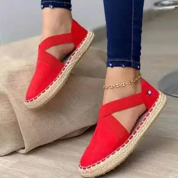 Ravno slame tkane čevlji Baotou sandali ženske pomlad 2021 nova velika velikost votlih ženske sandale križ elastični trak čevlji