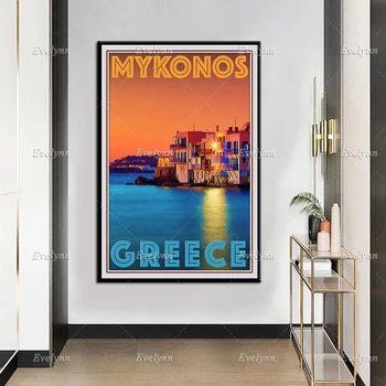 Retro Vintage Stil Potovanja Plakat Mykonos Grčija Oljna slika, Plakati in Tisk na Platno Hd Wall Art Slik, Dnevna Soba Dekor