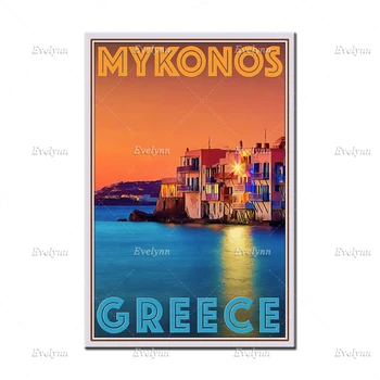 Retro Vintage Stil Potovanja Plakat Mykonos Grčija Oljna slika, Plakati in Tisk na Platno Hd Wall Art Slik, Dnevna Soba Dekor