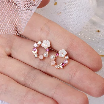 Romantični Sakura Cvet Poroko Stud Uhani Podrobne Kristalno Pearl Metulj Srčkan Lirično Uhan, Preboji Nakit Za Ženske