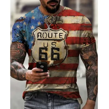 Route 66 American road T-shirt za moške poletne novi kratki rokavi T-shirt vrh O-vratu moške prevelik retro majica s kratkimi rokavi